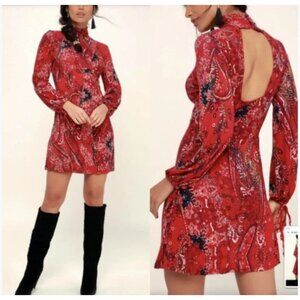 Free People All Dolled Up Cutout Dress Size XS Mini Red Paisley Boho High Neck